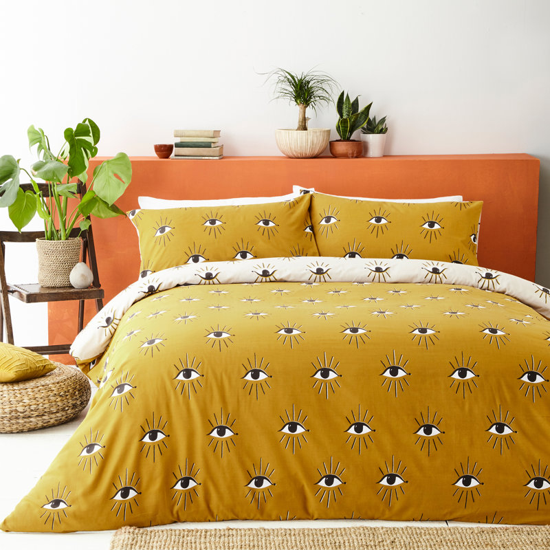 Cotton Blend Abstract Duvet Cover Set with Pillowcases, Ochre, King Duvet Cover