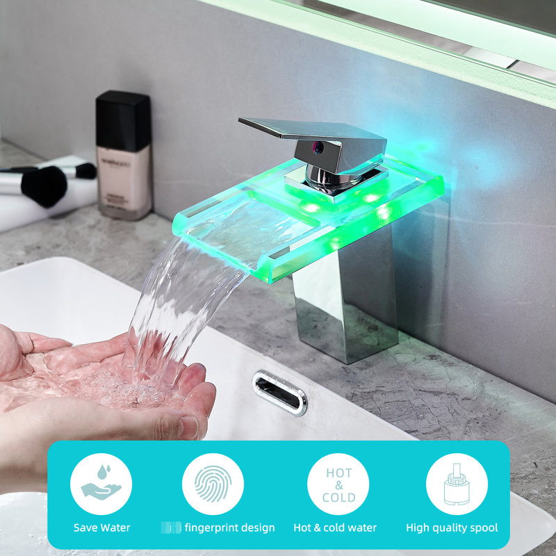 Led Bathroom Tap: 3 Colors Waterfall Spout, Deck Mounted, Single Handle, Hot Cold Water Mixer, Brass Inner Contemporary Faucet With : Hole, & Mixer