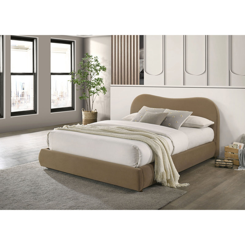 Grand lit tapissier contemporain en velours brun avec tête de lit courbée et rangement, fabriqué à partir de tête de lit en bois d'ingénierie massif, espace de rangement