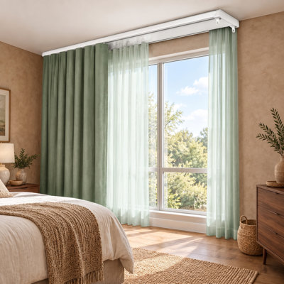 Système de rail de rideau double blanc de 12 pi à fixation au plafond, avec rails doubles en aluminium silencieux robustes, roulettes et rails coulissants lisses pour la fenêtre ou le paravent
