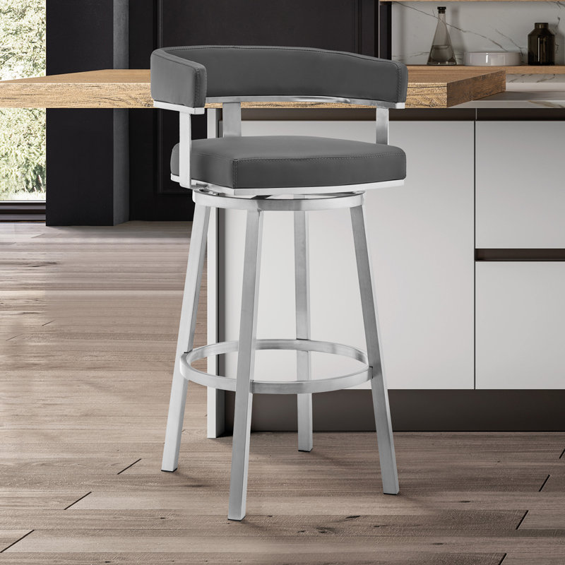 Kellum Swivel Counter and Bar Height Barstool with Arms in Faux Leather Upholstery and Metal Legs, Brushed Stainless Steel
