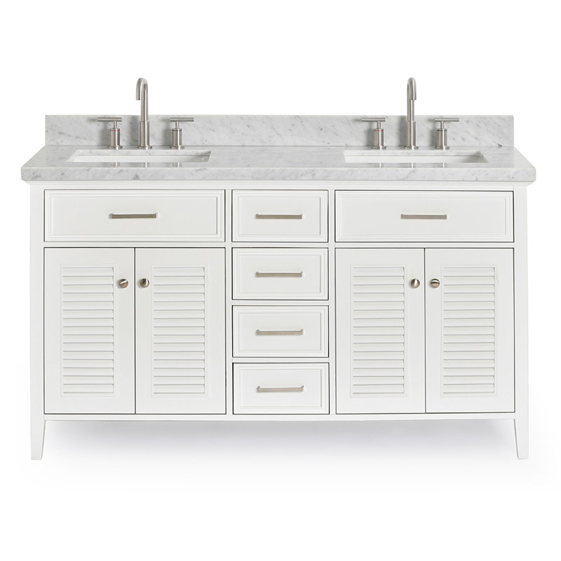 Ensemble de meuble-lavabo double 61 po Hamil, blanc, Marbre blanc de Carrare, Forme rectangulaire