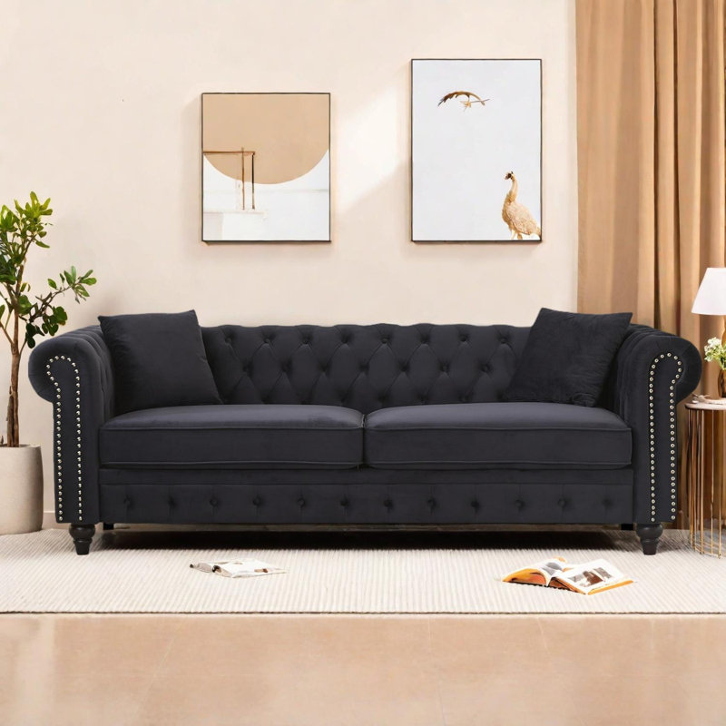 Canapé Chesterfield de salon avec accoudoirs roulés, Black