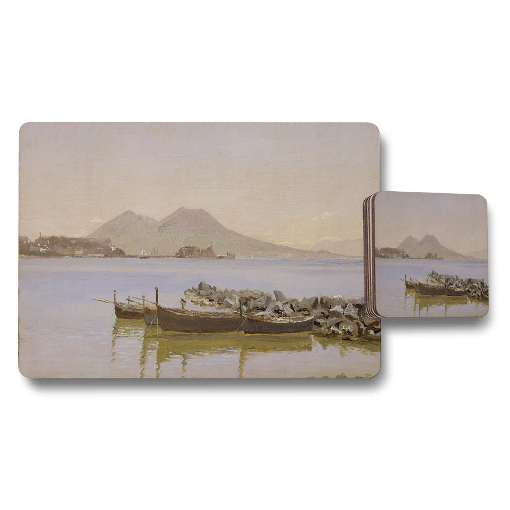 Scenic Harbor Boats Placemat and Coaster Set With Seaside Artwork