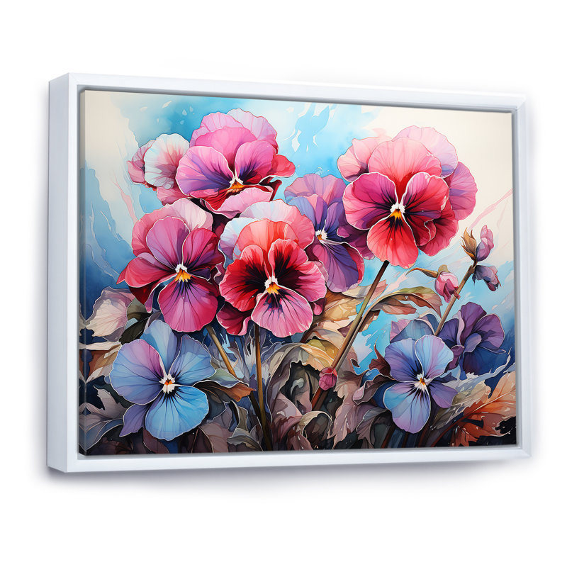 «Pink Pansies Charm In Mountain Scenery», reproduction sur toile, Cadre flottant blanc, H 12 po x l 20 po x P 1 po