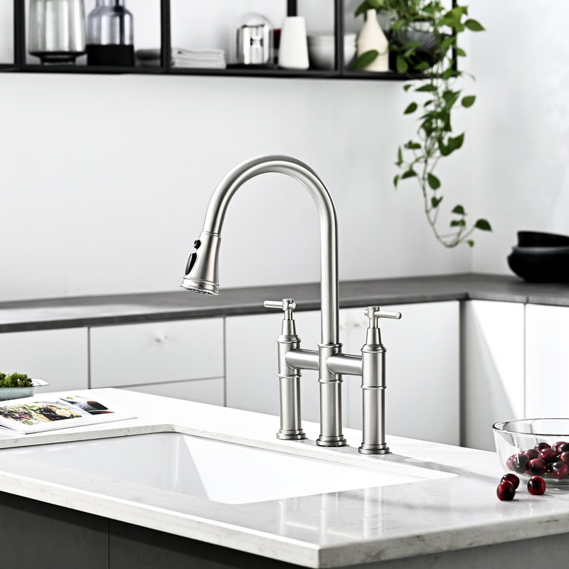 3 Hole Brushed Nickel Kitchen Faucet, Pull Down , 2 Handles, Classic And Modern Blend Faucet For Sink, Handle,