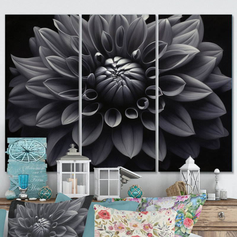 «Black White Dahlia Garden Palette I» sur toile, reproduction de 3 pièces, H 28 po x l 36 po x P 1 po