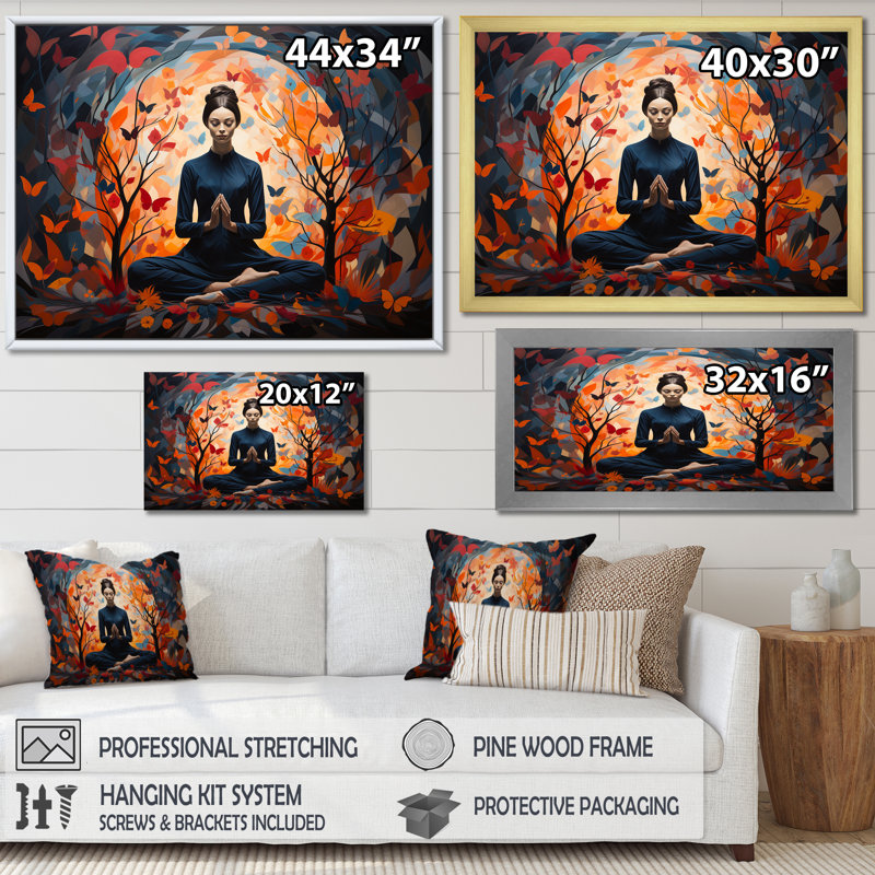 «Blue and Orange Yoga Bliss 3 - Yoga, art mural», Cadre d'angle fermé noir, H 12 po x l 20 po x P 1 po