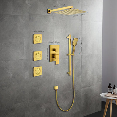 Golden Shower Package With Bodysprays: Natural Rainfall Head, Self-Cleaning, 12.29 In Depth, 21.7 Lb Weight, Brass Gold System Comprising Hand Shower, Slide Bar, Bodysprays, Arm, Hose, Valve Trim,