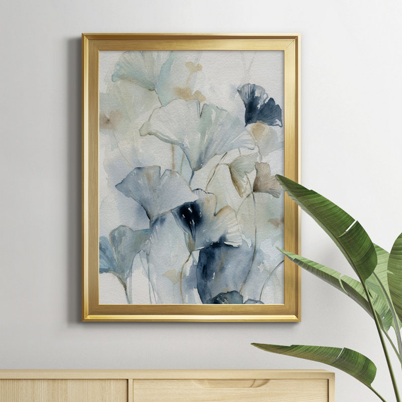 Indigo Ginkgo I - Peinture sur toile encadrée, Or, H 24,5 po x l 18,5 po x P 1,5 po