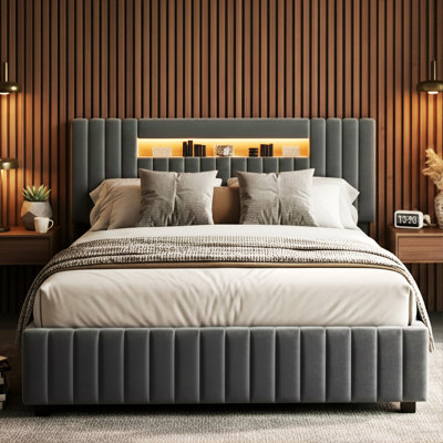 Velvet Ottoman Bed, Smart RGB LED Headboard With Vertical Tufting, European Double (140X200cm) & King (160X200cm) , Grey