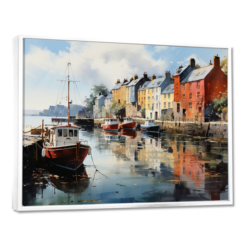 «Ireland Peaceful Harbor Villagean», art mural Irlande, Cadre flottant blanc, H 24 po x l 32 po