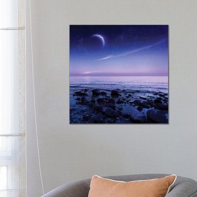 Moon Rising over Rocky Seaside Against Starry Sky 1 Piece Wrapped Canvas Wall Art