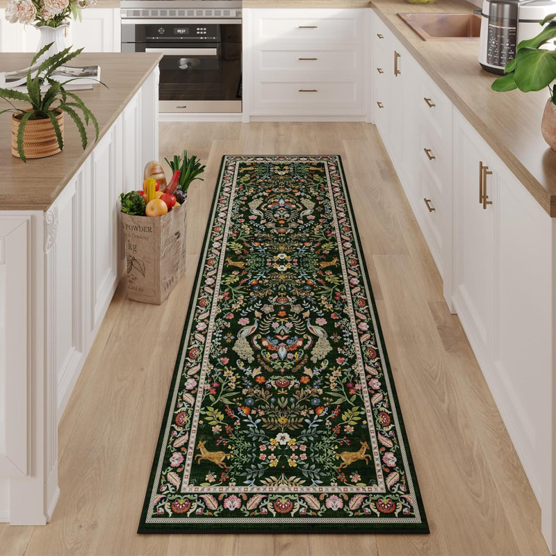 Tapis de cuisine floral lavable antidérapant, Vert émeraude, Tapis de couloir 2 pi x 6 pi