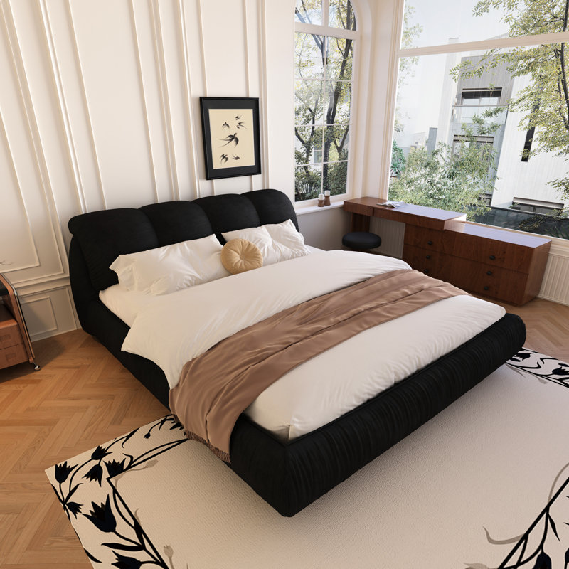 Lit plateforme de luxe avec dossier surdimensionné rembourré, lit plateforme tapissier, lit unique, Très grand, Gris