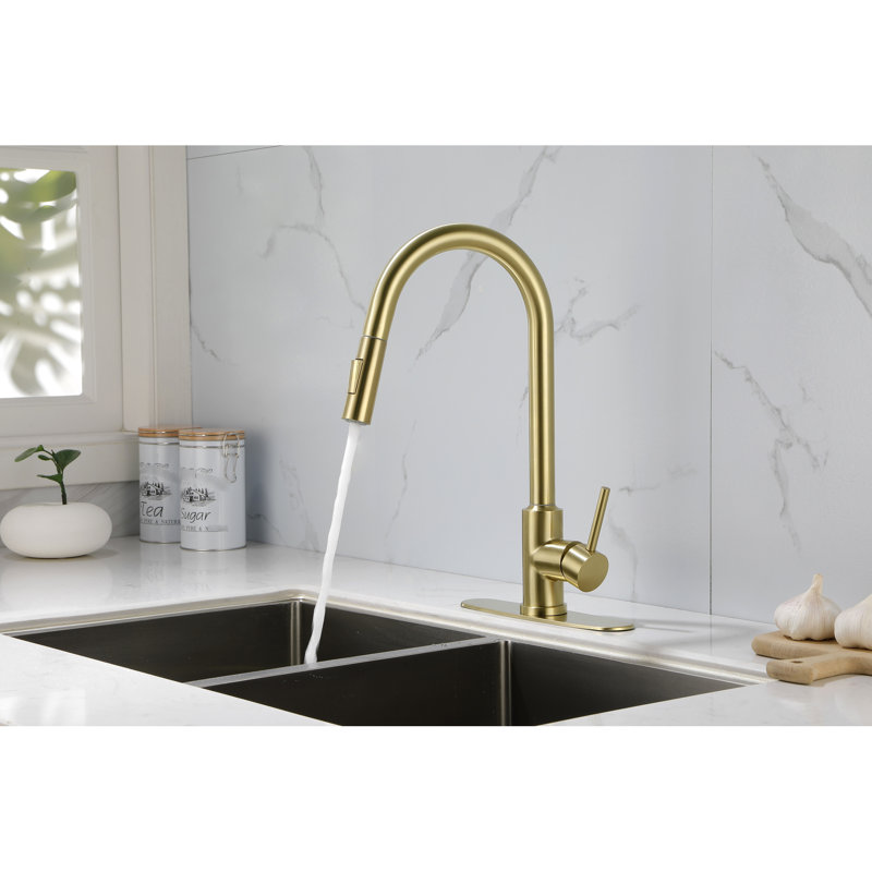 Robinet de cuisine avec douchette rétractable - Buse haute pivotante à 360 °, poignée simple pour une gestion pratique de la température et du débit de l'eau, rouille anticorrosion, acier inoxydable doré, 16,33 po Profondeur, 10,24 po