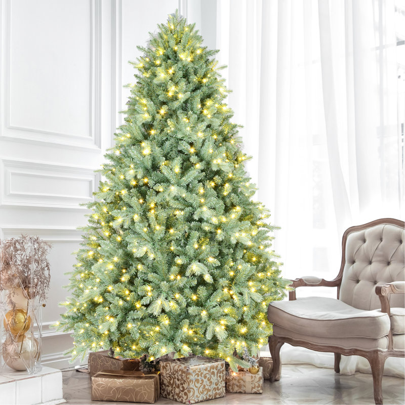 Arbre de Noël 48 pouces bleu avec 150 lumières, 592 pointes, assemblage rapide, support en métal fiable 4 pi avec lumières à DEL pe + blanc à charnières, stable pour les fêtes