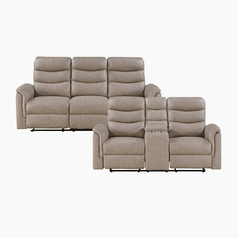 Ensemble de canapé de salon inclinable manuel en microfibre polie 2 pièces avec console centrale Ardyn, Taupe