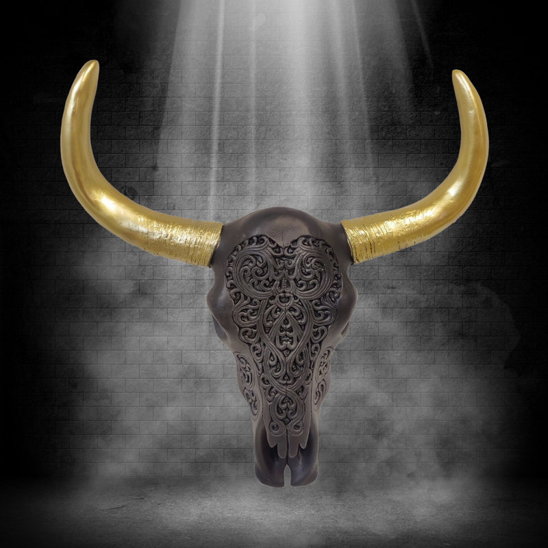 Resin Southwestern Wall Decor Black Bull Skull with Gold Horns Design