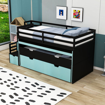 Wooden Loft Bed with 2 Drawers, Trundle, Pull-Out Desk and Storage Stairs