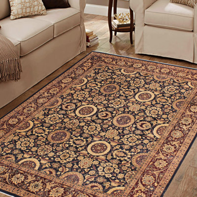 Tapis oriental noir / beige / rouge foncé en laine noué à la main 8 pi x 9 pi 9 po Roby