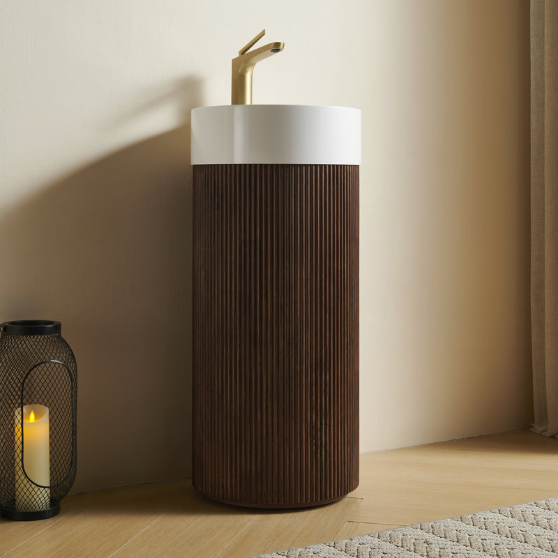 Meuble-lavabo cylindrique autoportant avec lavabo à surface solide et armoire texturée 3D grain de bois Lumisphere, Blanc