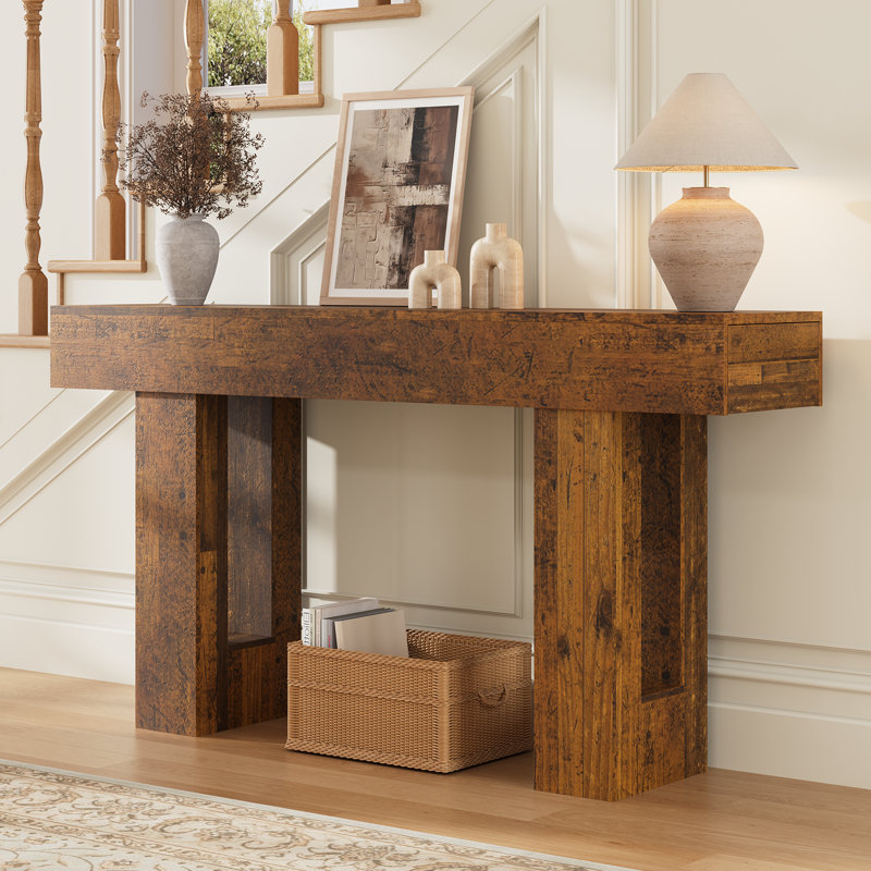 Ato 63" Farmhouse Console Table with 2 Drawers, Rustic Entryway Table for Hallway Living Room, Caramel Brown