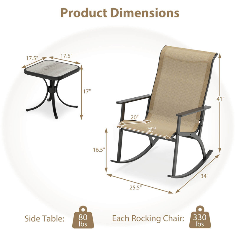 Ensemble de 3 chaises berçantes de patio avec dossier haut et table basse en bois-plastique