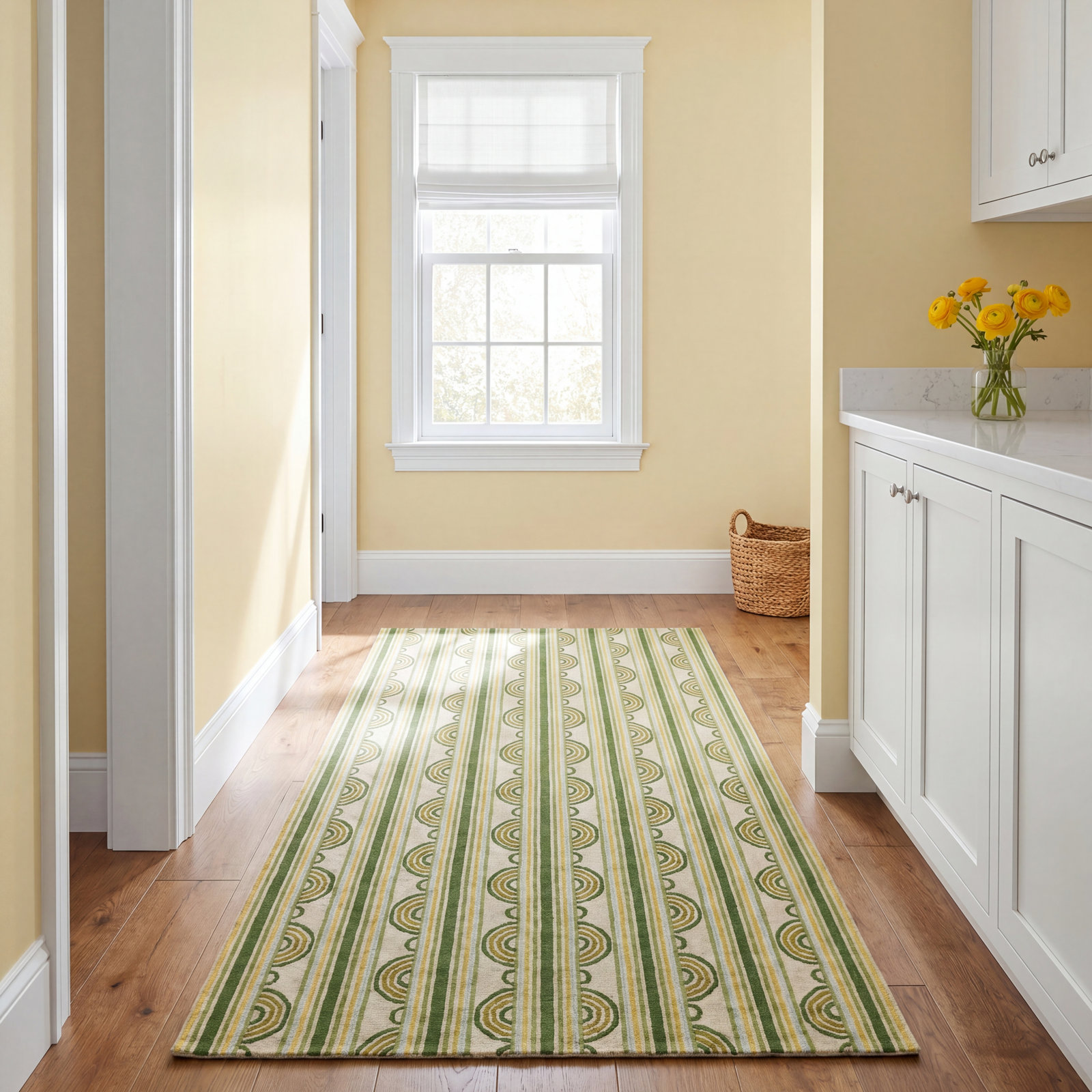 Button Olive Hand-Hooked Striped Wool Rug, Rectangle 5' x 8'