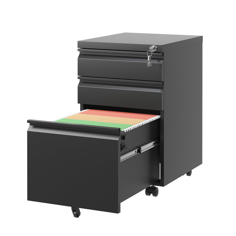 Oyer 3 Drawer Mobile File Cabinet, Metal, Black, Fully Assembled, Secure Office Items, Smooth Mobility Feature Business Papers,
