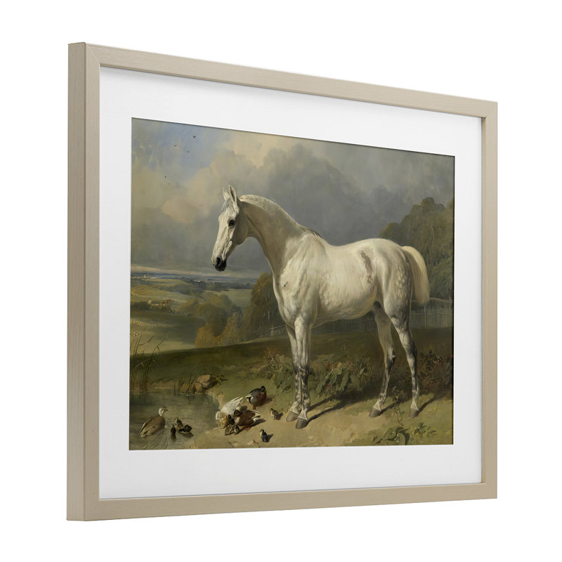 Cheval gris et canards dans un paysage, reproduction sous verre, conception de Tina LeCour, H 14 po x l 20 po