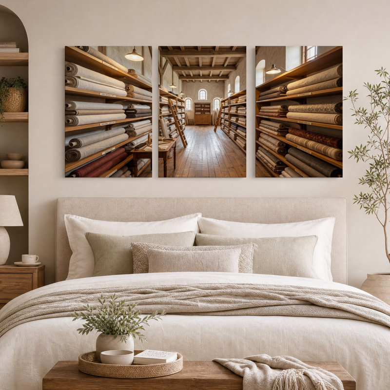Rouleaux de tissu vintage sur étagères en bois - Ensemble de 3 tableaux sur toile, H 30 po x l 20 po x 3 pièces