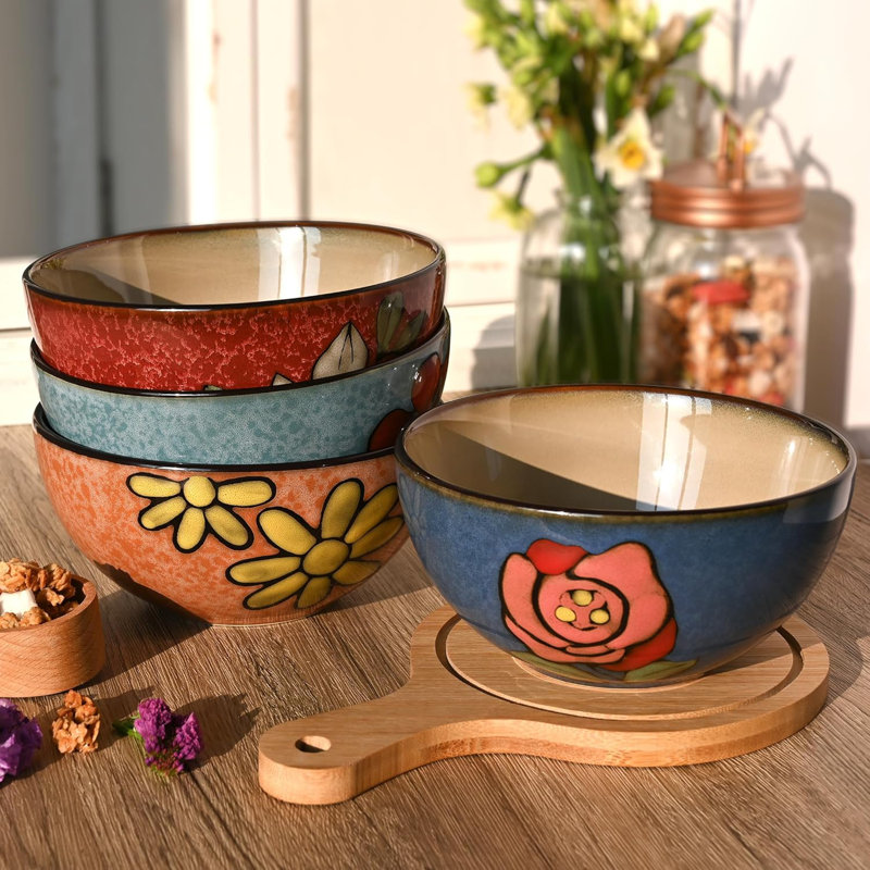 Ensemble de 6 bols en céramique avec motif floral - bols en grès de 6 pouces pour céréales, soupes, salades, desserts, micro-ondes et lave-vaisselle