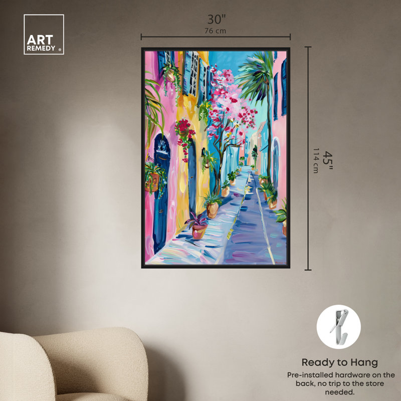 Art Remedy The Colorful Streets, cadre coloré bord de mer 57423, Cadre noir, H 46 po x l 31 po