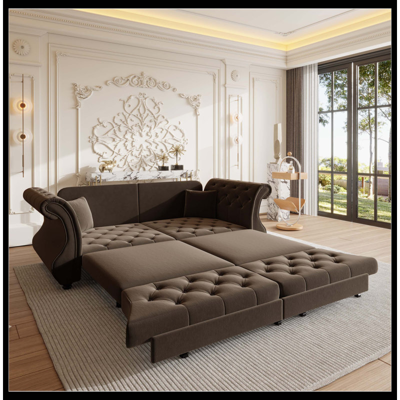 83.8" Oversized Brown Velvet Chesterfield Pull Out Sofa Bed, Classic Roll Arm Flower Tufted Sleeper Couch, Brown, 3