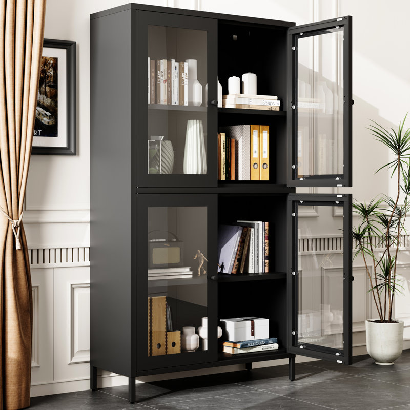 Bibliothèque autoportante en métal avec portes en verre renforcé pour cabinet d'étude classique à 4 tablettes - noir