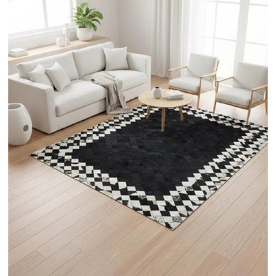 Black Cowhide Rug, Checkered Border Area Rug, Black And White Patchwork Carpet