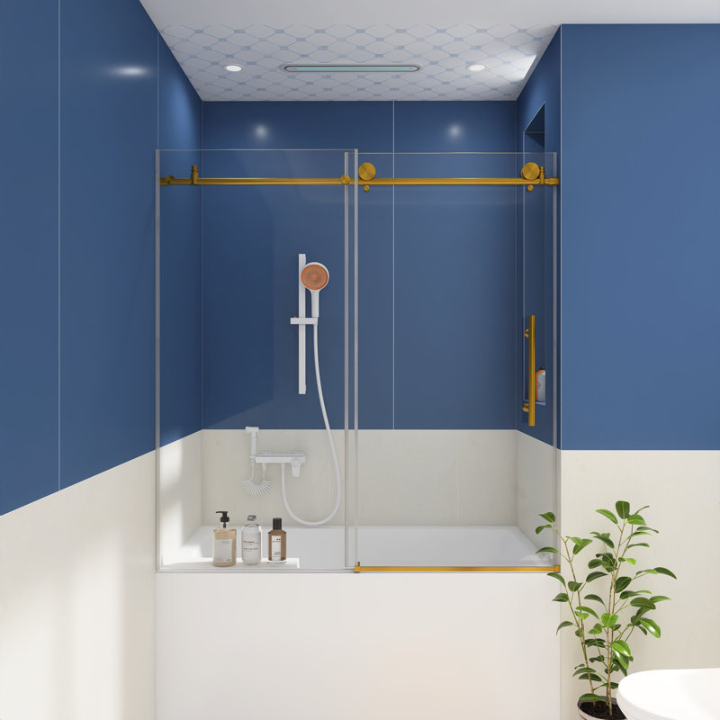 Porte de douche sans cadre l 56 à 60 po x H 60 po en or brossé, Or brossé