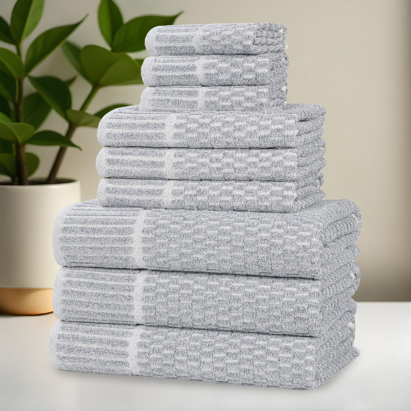 Blue Nile Mills 9-Piece Viscose Cotton Blend Towel Set - Checkered Texture - Quick-Dry, Fade-Resistant, Denim Blue