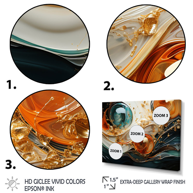 Orange et vagues ondulées oranges, Melody V - art mural abstrait, Cadre d'angle fermé doré, H 30 po x l 40 po x P 1,5 po