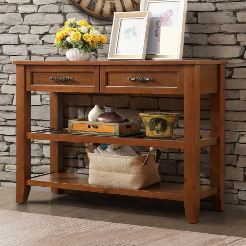 Jahnyah 42.01'' Console Table with 2 Storage Drawers and 2 Tiers Shelves for Living Room,Hallway table, Brown