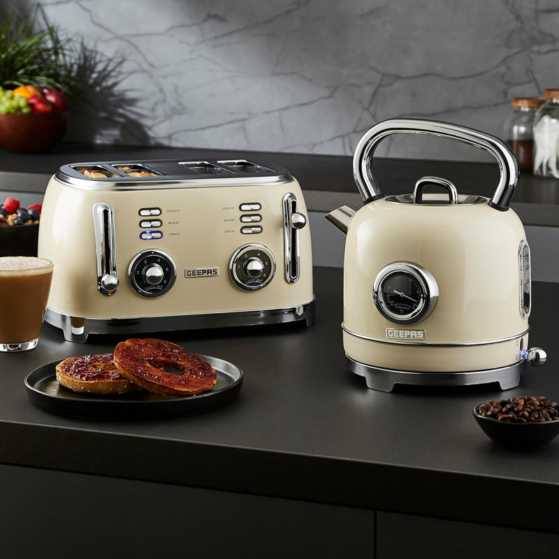 GEEPAS Retrovive 1.8L Electric Kettle, 4 Slice Bread Toaster & 20 Litre 700W Digital Freestanding Microwave Oven Kitchen Combo Set | 3000W Vintage Cordless Kettle | Defrost/Reheat/Cancel 1500W