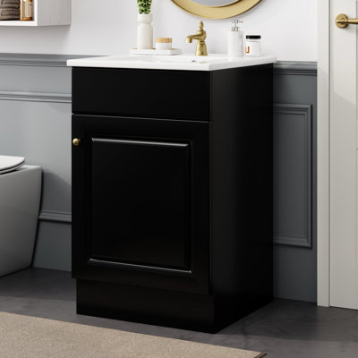 Meuble-lavabo noir de 50 cm (20 po). Meuble au design moderne. Vasque en céramique lisse. Porte et tablette réglable. Vasque noire. Pour la salle de bain. Vasque étanche et facile à nettoyer.