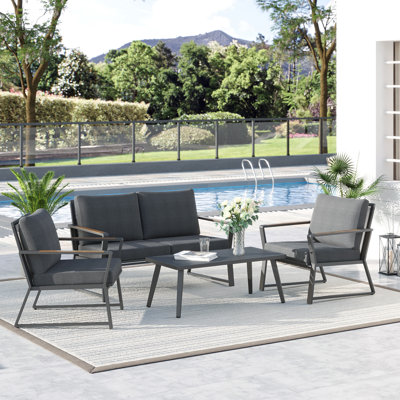 Ensemble de meubles de patio 4 pièces, ensemble de conversation en aluminium, ensemble de canapé de jardin extérieur avec fauteuils, causeuse, table basse et coussins centraux, gris foncé