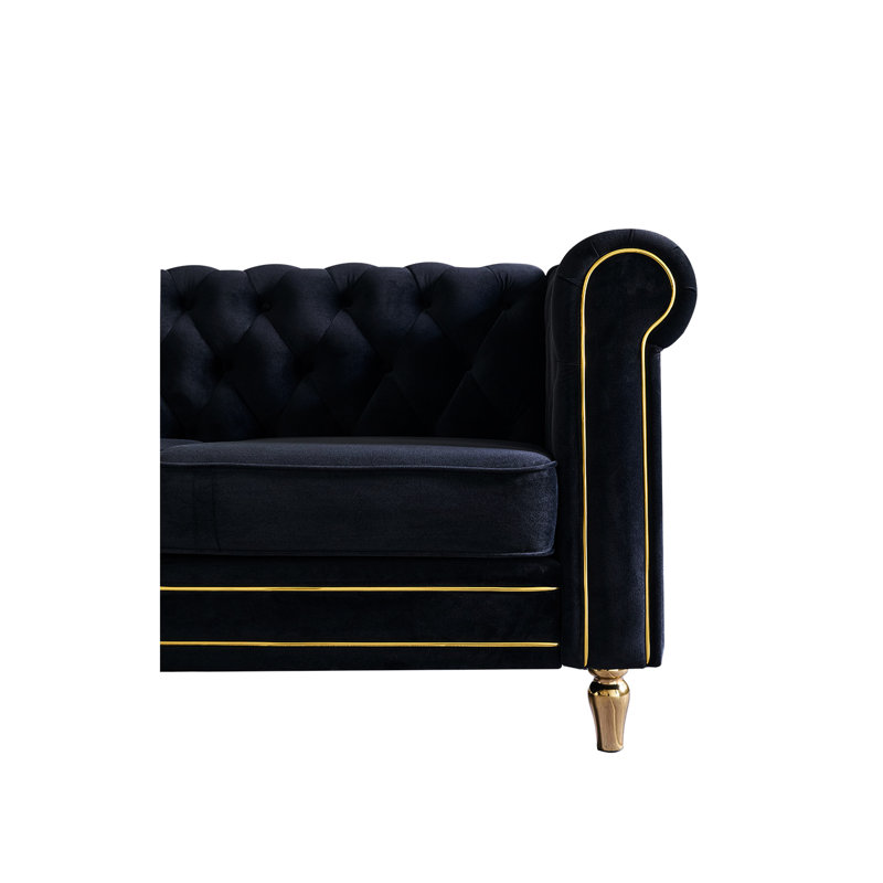 Living Velvet 84,65 pouces noir. Peau - revêtement. Ressorts ensachés et coussins de siège en mousse à haute densité pour plus de confort. Garniture dorée et capitonnage profond. Pieds en métal massif avec structure en bois massif.