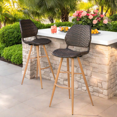 Durable Brown Patio Bar Stools Rattan Wood Stylish Outdoor Seating