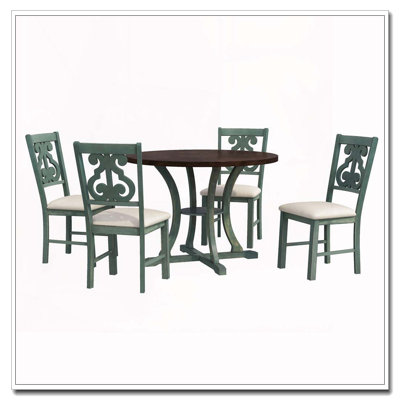 5-Piece Round Dining Table Set with Storage Shelf and Hollow-Back Chairs