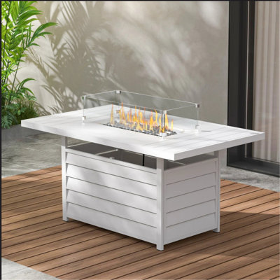 Table de foyer d'extérieur 54,3 pouces en aluminium blanc, foyer au gaz propane certifié 50 000 BTU CSA, table de foyer rectangulaire avec brûleur en acier inoxydable, pierre de lave, couvercle imperméable