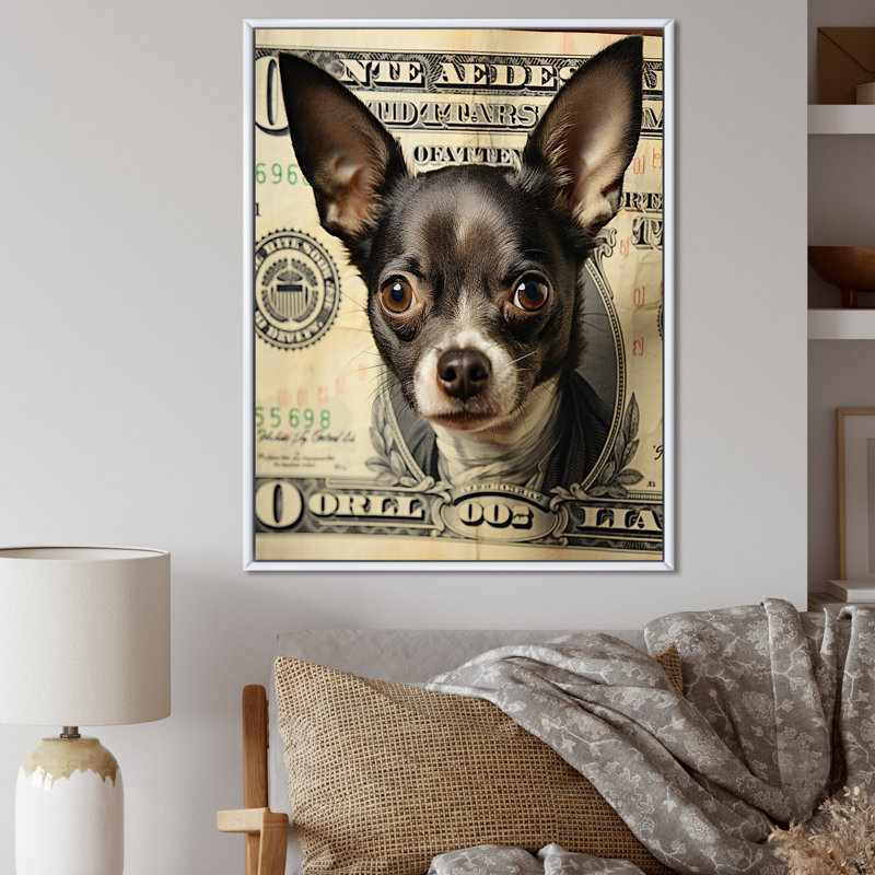 «Little Dog on Dollar Bill» - Impression, Cadre flottant blanc, H 40 po x l 30 po x P 1,5 po