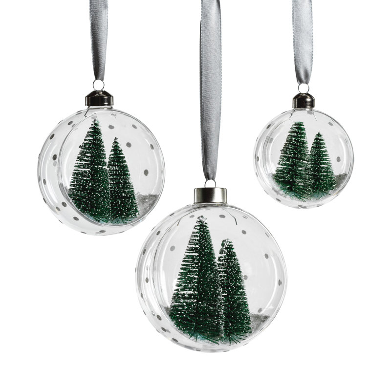 Set of 6 Glass with Pine Trees Ball Ornament, Green, 3.25" H x 3.25" W x 3.25" D
